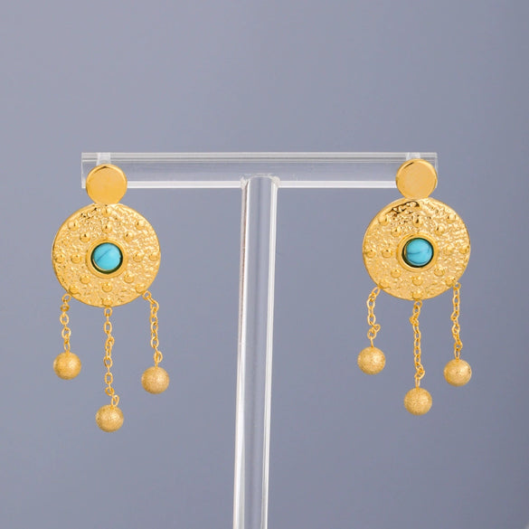 Wholesale Women's Round Knock Pattern Chain Earrings With Geometric Design Stainless Steel Electroplated