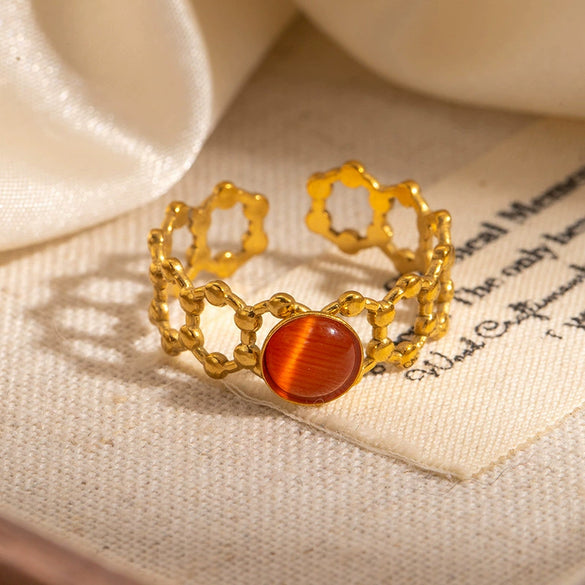 Wholesale Women's Round Natural Stone Titanium Steel Ring Plated With Gold Geometric U Shape Diamond Style