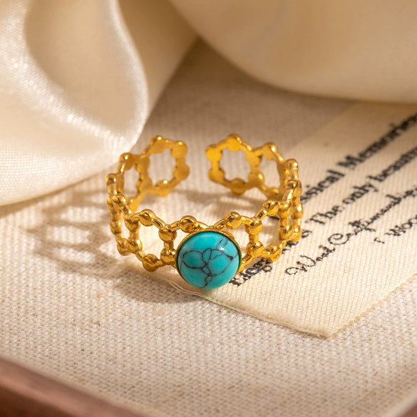Wholesale Women's Round Natural Stone Titanium Steel Ring Plated With Gold Geometric U Shape Diamond Style