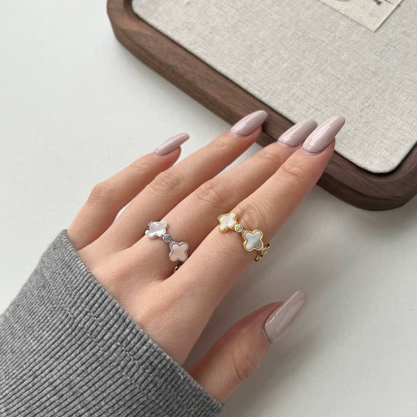 Wholesale Women's S925 Pure Silver Flower Shape Ring With Mother Shell Zircon Inlaid And Geometric Design And Electroplating Treatment