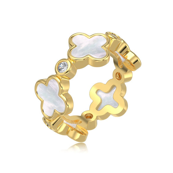 Wholesale Women's S925 Pure Silver Flower Shape Ring With Mother Shell Zircon Inlaid And Geometric Design And Electroplating Treatment