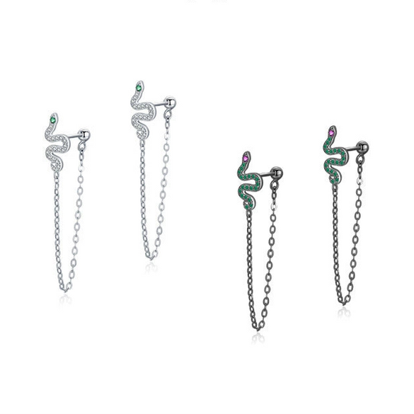 Wholesale Women's S925 Silver Animal Snake Tassel Simulation Diamond Microinlay Earrings Black Plated