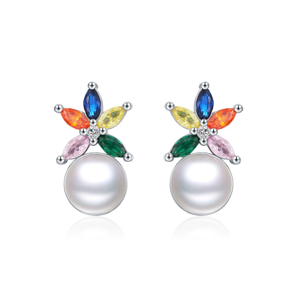 Wholesale Women's S925 Silver Earrings With Flower Pattern And Inlaid Freshwater Pearls And Zircon