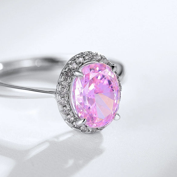 Wholesale Women's S925 Silver Geometric Eggshaped Pink Diamond Ring With Electroplating