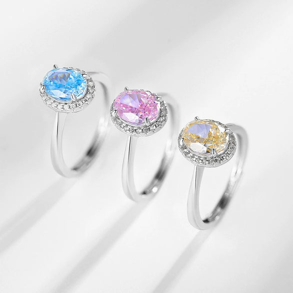 Wholesale Women's S925 Silver Geometric Eggshaped Pink Diamond Ring With Electroplating