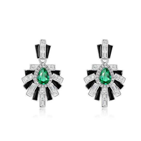 Wholesale Women's S925 Silver Geometric Emerald Black Enamel Retro Elegant Natural Water Drop Earrings