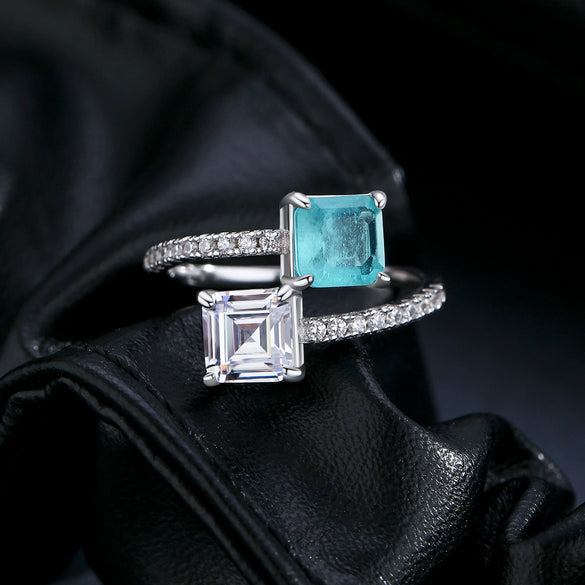 Wholesale Women's S925 Silver Geometric Style Double Stone Imitation Para???¡ì?aba Color Tourmaline Ring With Diamond Design