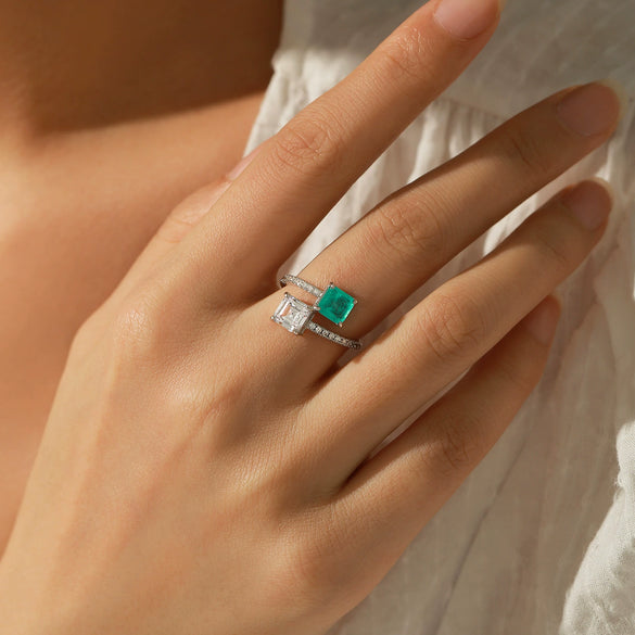 Wholesale Women's S925 Silver Geometric Style Double Stone Imitation Para???¡ì?aba Color Tourmaline Ring With Diamond Design
