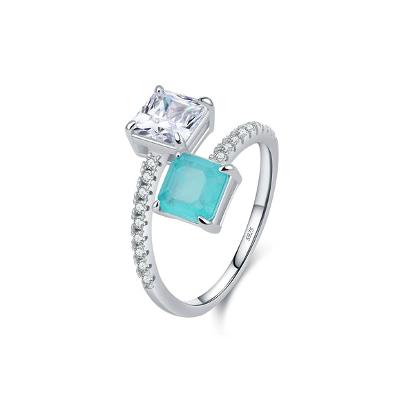 Wholesale Women's S925 Silver Geometric Style Double Stone Imitation Para???¡ì?aba Color Tourmaline Ring With Diamond Design
