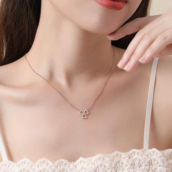 Wholesale Women's S925 Silver Lucky Clover Hollow Heartshaped Diamond Microinlaid Pendant Necklace With Cross Chain