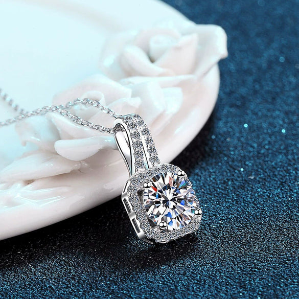 Wholesale Women's S925 Silver Moissanite Princess Square Bag Pendant Necklace With The Crown Pattern Microinlaid And Platinum Plated Ochain
