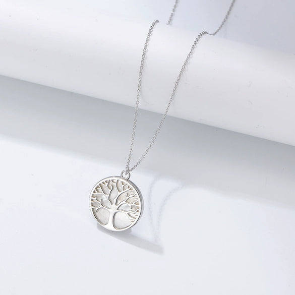 Wholesale Women's S925 Silver Natural White Shell Life Tree Pendant Necklace With Leaf Pattern And Cross Chain Electroplated
