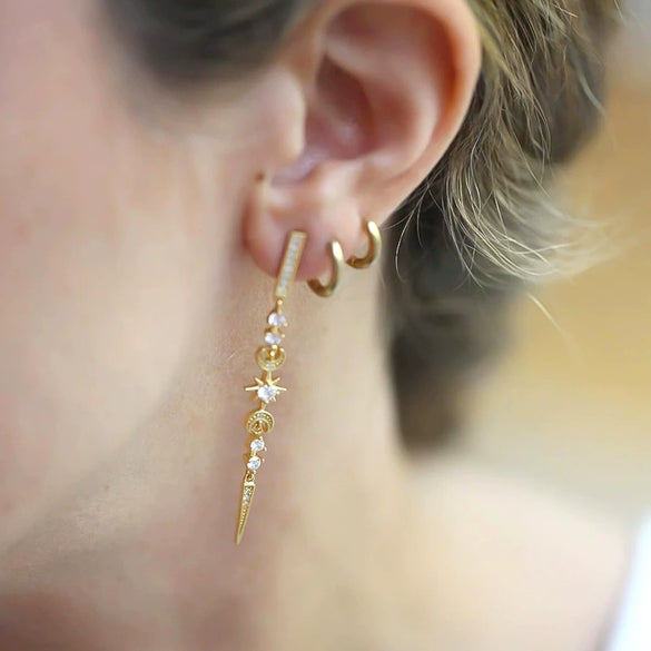 Wholesale Women's S925 Silver Needle Copper Earrings With Hot Diamond Long Tassel Chain Geometric U Shape Star Pattern Electroplated