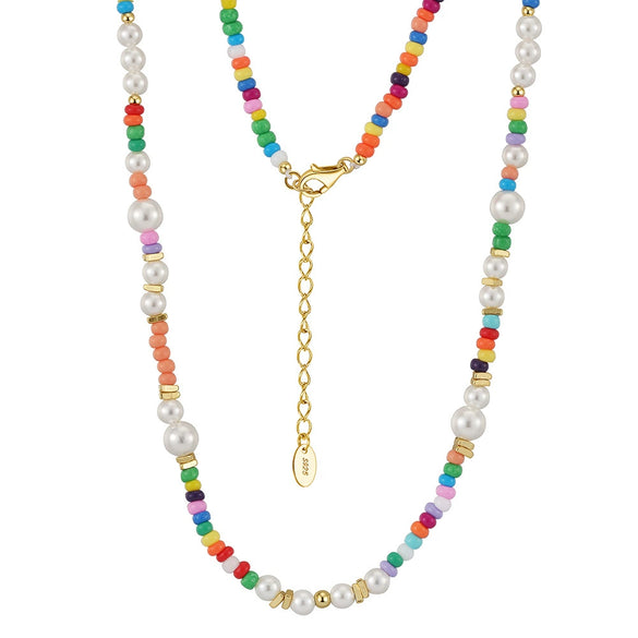 Wholesale Women's S925 Silver Pearl Chain Necklace With Geometric Beads And Electroplating Treatment