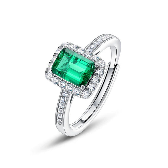 Wholesale Women's S925 Silver Ring With Cultivated Emerald And Geometric Retro Style