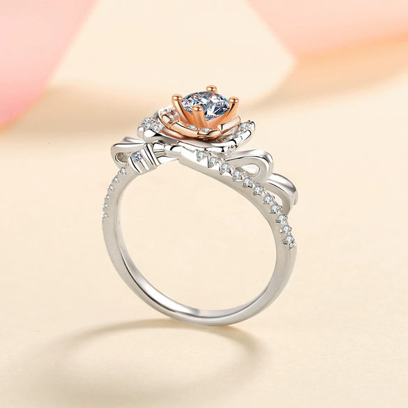 Wholesale Women's S925 Silver Ring With Rose Flower Pattern And Rose Gold Electroplating