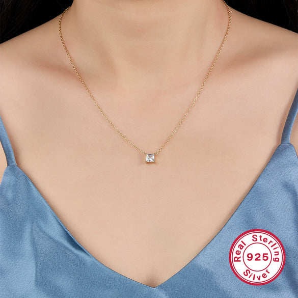 Wholesale Women's S925 Silver Simple Highend Clavicle Chain With Colorful Square Zircon Geometric Pendant And Electroplating Design