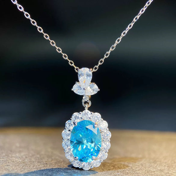 Wholesale Women's S925 Sterling Silver Aquamarine Necklace With Geometric Pigeon Egg Pendant And Diamond Inlay