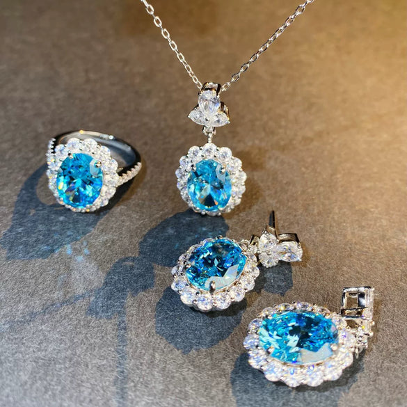 Wholesale Women's S925 Sterling Silver Aquamarine Necklace With Geometric Pigeon Egg Pendant And Diamond Inlay