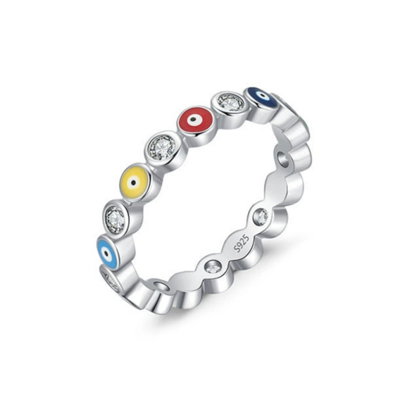 Wholesale Women's S925 Sterling Silver Blue Eye Ring With Colorful Enamel And Dripping Glue Design