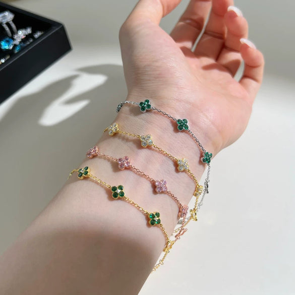 Wholesale Women's S925 Sterling Silver Bracelet With Clover Zircon Inlaid Butterfly Hollow Tail And Flower Pattern Electroplated