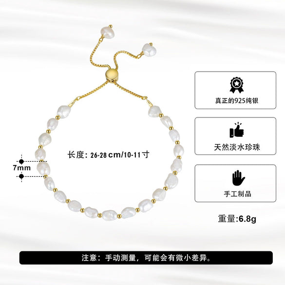 Wholesale Women's S925 Sterling Silver Bracelet With Natural Freshwater Baroque Pearl Geometric Style