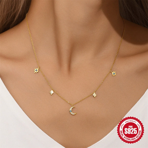 Wholesale Women's S925 Sterling Silver Classic Stacked Star Moon With Opal Necklace Geometric Pattern Electroplated O Chain Clavicle Chain