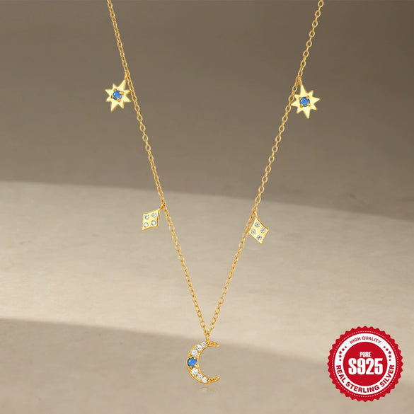 Wholesale Women's S925 Sterling Silver Classic Stacked Star Moon With Opal Necklace Geometric Pattern Electroplated O Chain Clavicle Chain