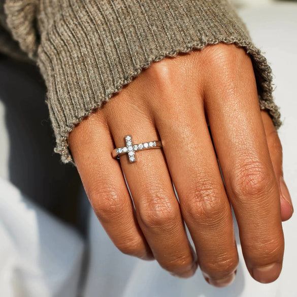 Wholesale Women's S925 Sterling Silver Cross Geometric Ring With Zircon Electroplated