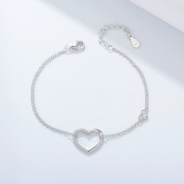 Wholesale Women's S925 Sterling Silver Diamond Heartshaped Doublelayer Bracelet Jewelry