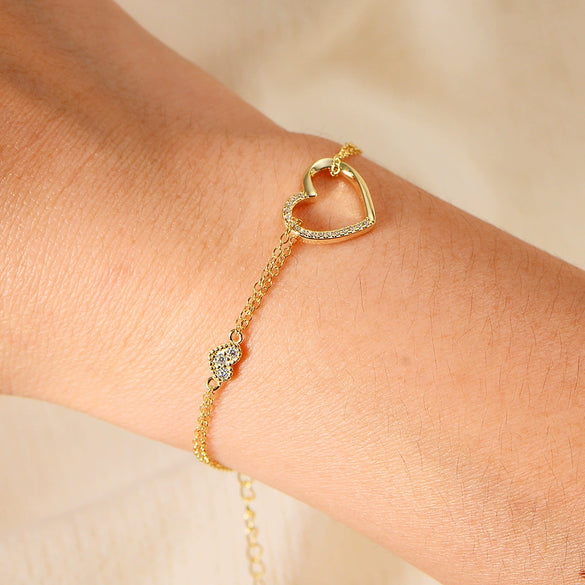 Wholesale Women's S925 Sterling Silver Diamond Heartshaped Doublelayer Bracelet Jewelry
