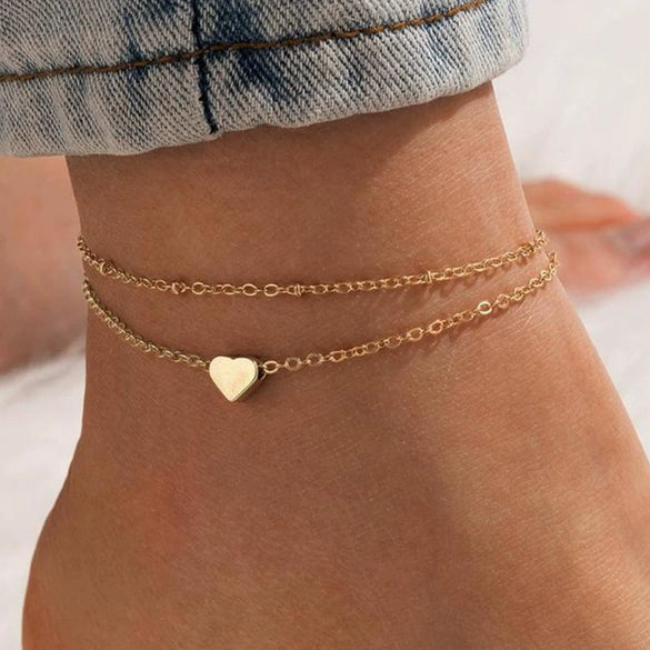 Wholesale Women's S925 Sterling Silver Double Layer Chain Heart Shaped Pendant Anklet With Gold Plated Love Design