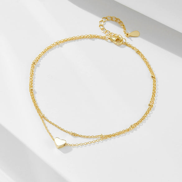 Wholesale Women's S925 Sterling Silver Double Layer Chain Heart Shaped Pendant Anklet With Gold Plated Love Design