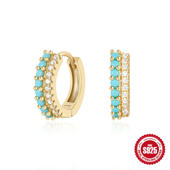 Wholesale Women's S925 Sterling Silver Double Row Mixed Color Diamond Turquoise Earrings With Geometric Design And Electroplating