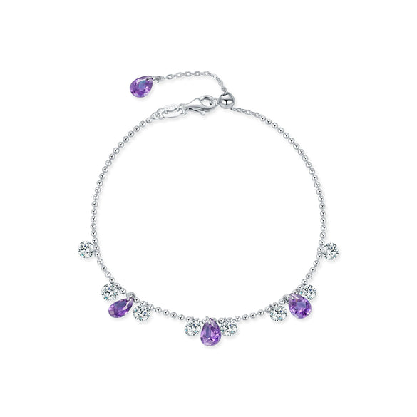 Wholesale Women's S925 Sterling Silver Fairy Style Drop Shape Amethyst Diamond Tassel Peas Bracelet
