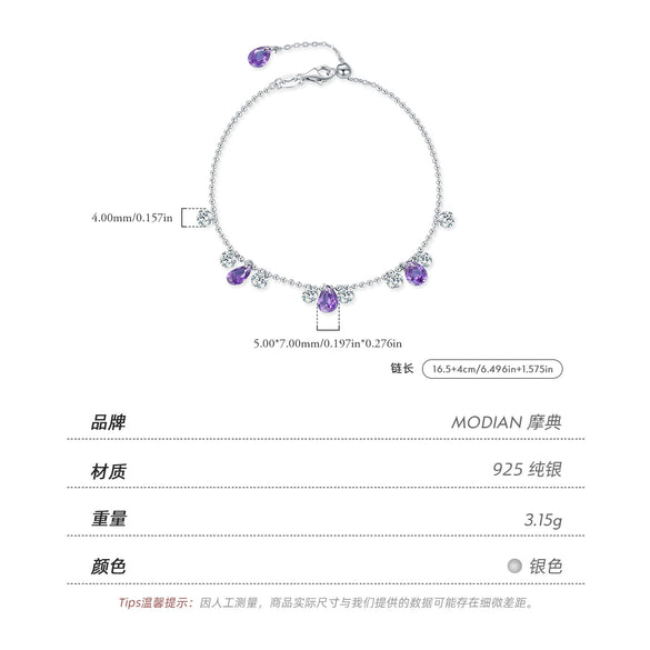 Wholesale Women's S925 Sterling Silver Fairy Style Drop Shape Amethyst Diamond Tassel Peas Bracelet