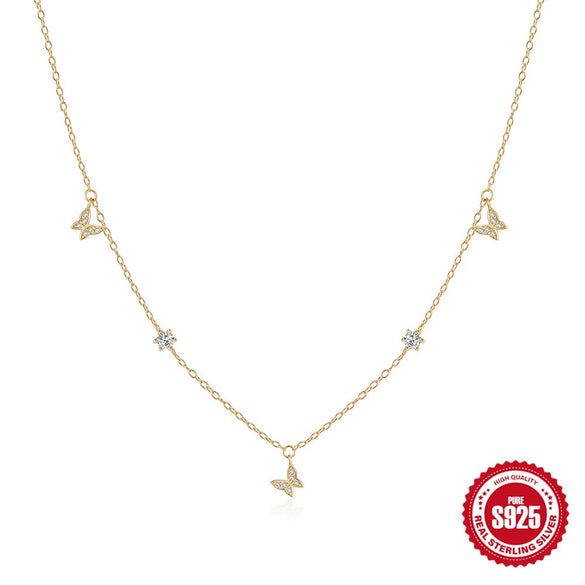 Wholesale Women's S925 Sterling Silver Fashion Elegant Turquoise Butterfly Zircon Stacked Ochain Collarbone Necklace