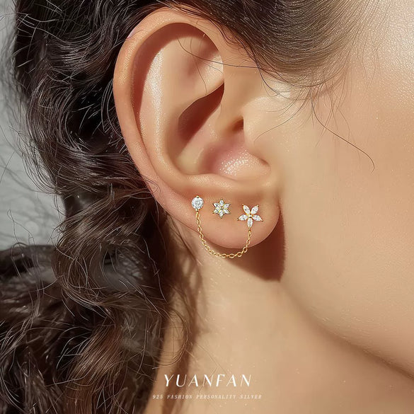 Wholesale Women's S925 Sterling Silver Flower Pattern Chain Tassel Earrings With Zirconia