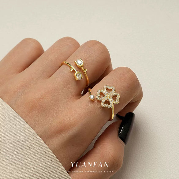 Wholesale Women's S925 Sterling Silver Flower Petal Micropaved Opening Adjustable Ring