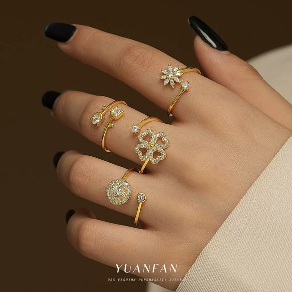 Wholesale Women's S925 Sterling Silver Flower Petal Micropaved Opening Adjustable Ring