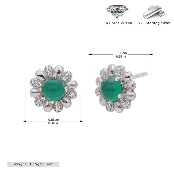 Wholesale Women's S925 Sterling Silver Flower Shaped Earrings With Imitation Green Chalcedony And Zircon Inlaid Electroplated