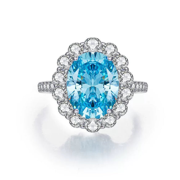Wholesale Women's S925 Sterling Silver Flower Zircon Aquamarine Ring With Electroplating