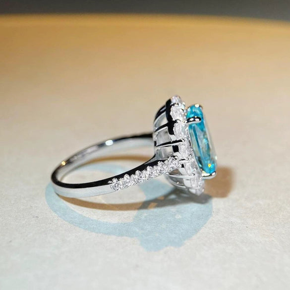 Wholesale Women's S925 Sterling Silver Flower Zircon Aquamarine Ring With Electroplating
