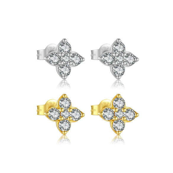 Wholesale Women's S925 Sterling Silver Four Leaf Clover Geometric Ear Stud With Zircon Electroplated With Platinum And 18K Gold