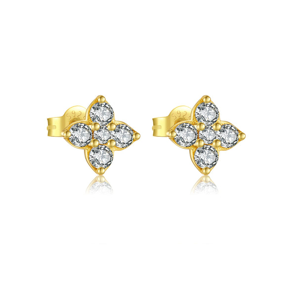 Wholesale Women's S925 Sterling Silver Four Leaf Clover Geometric Ear Stud With Zircon Electroplated With Platinum And 18K Gold