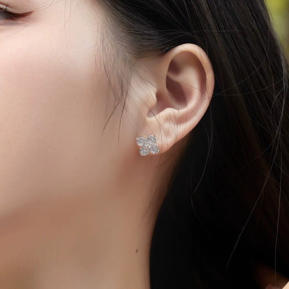 Wholesale Women's S925 Sterling Silver Fourleaf Clover Zircon Inlay Electroplated Earrings With Flower Design