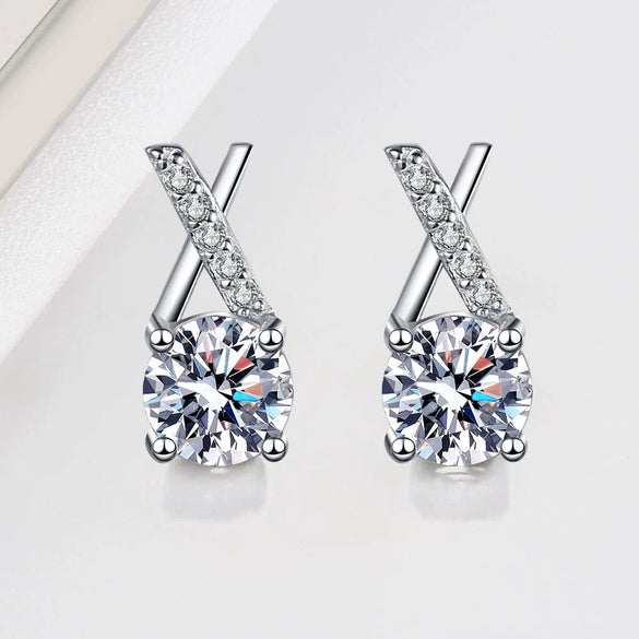 Wholesale Women's S925 Sterling Silver Geometric Cross Unilateral Inlaid Mosang Diamond Electroplated Earrings