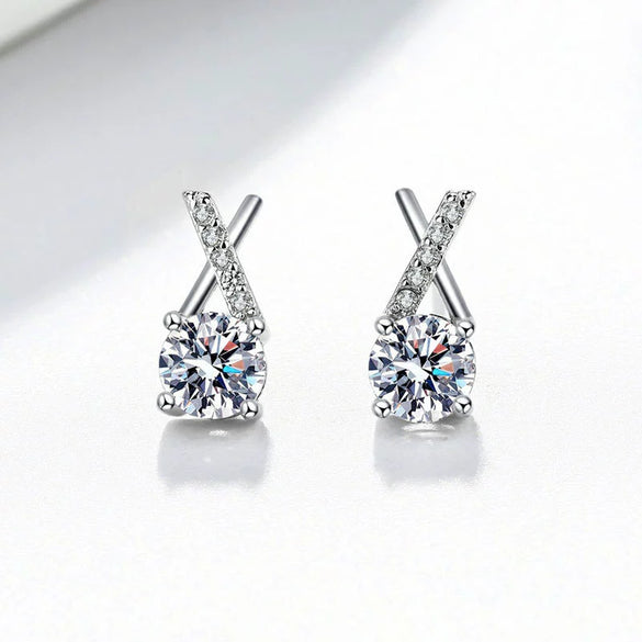 Wholesale Women's S925 Sterling Silver Geometric Cross Unilateral Inlaid Mosang Diamond Electroplated Earrings