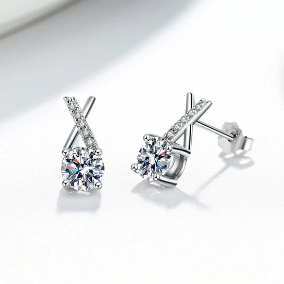Wholesale Women's S925 Sterling Silver Geometric Cross Unilateral Inlaid Mosang Diamond Electroplated Earrings