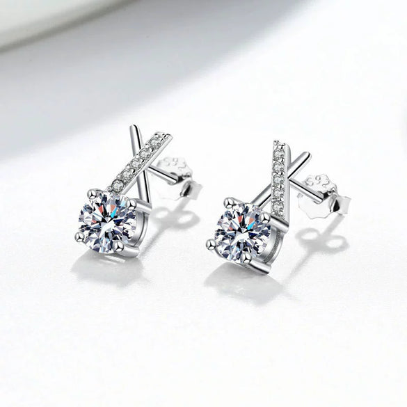 Wholesale Women's S925 Sterling Silver Geometric Cross Unilateral Inlaid Mosang Diamond Electroplated Earrings